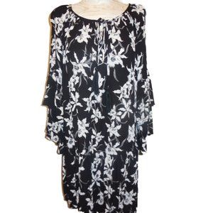 Dress A-line Tunic long bell sleeve knee-length feminine romantic black white